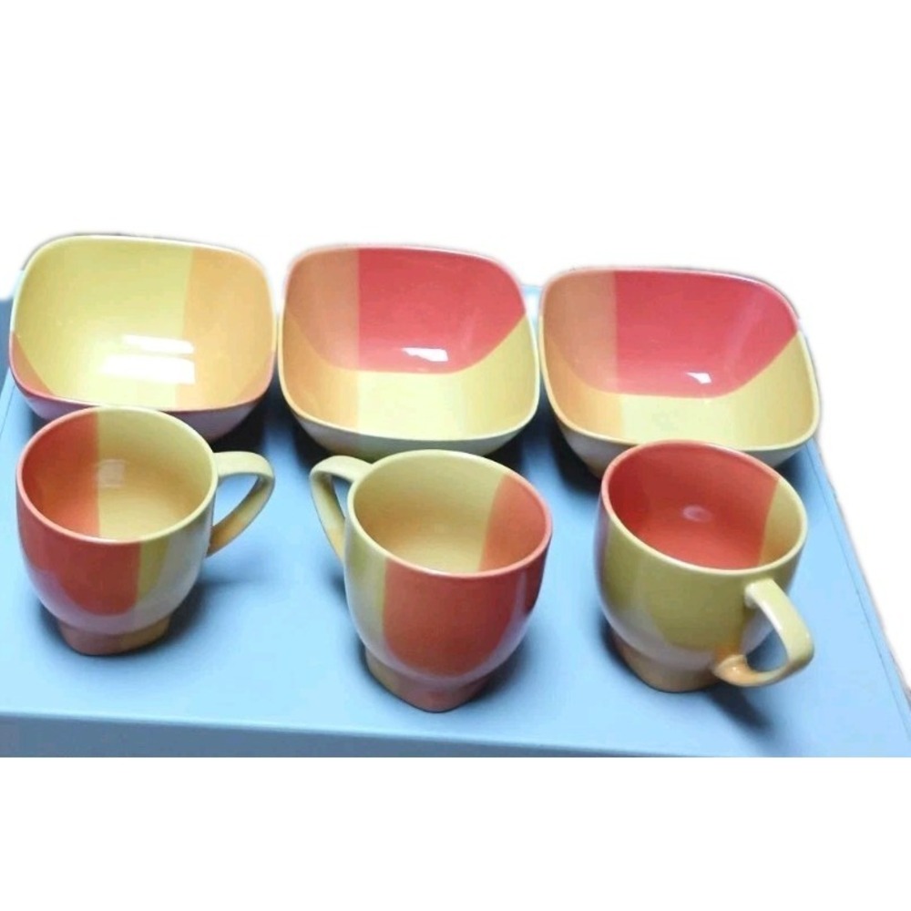 222 Fifth Color Blocks‎ Red/Yellow Square Bowls (3) Mugs (3)